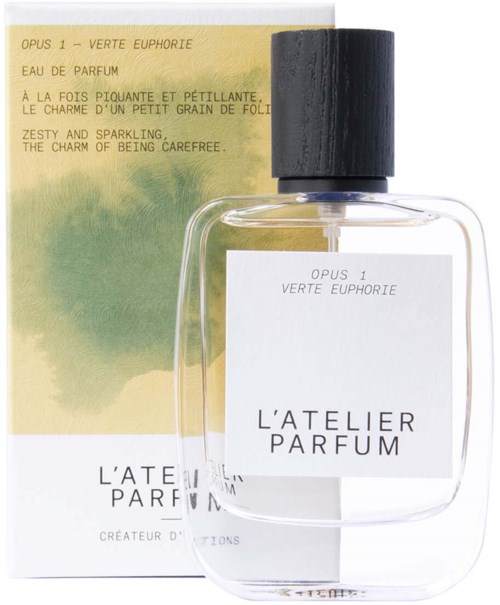 A perfume bottle with a black cap and a simple white label, beside a colorful, watercolor-style box.