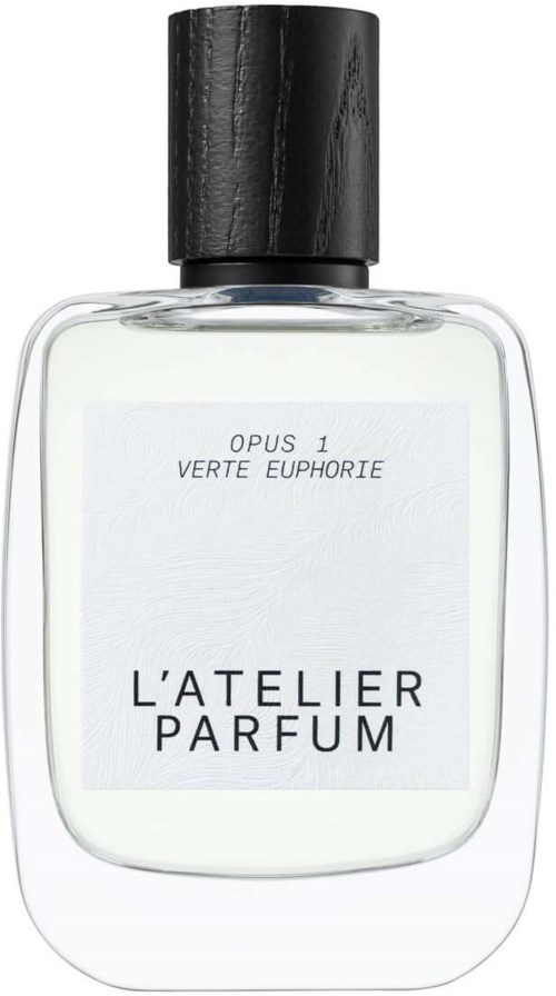 A clear glass perfume bottle with a black cap, labeled 'L'ATELIER PARFUM' and 'Opus 1 Verte Euphorie.'