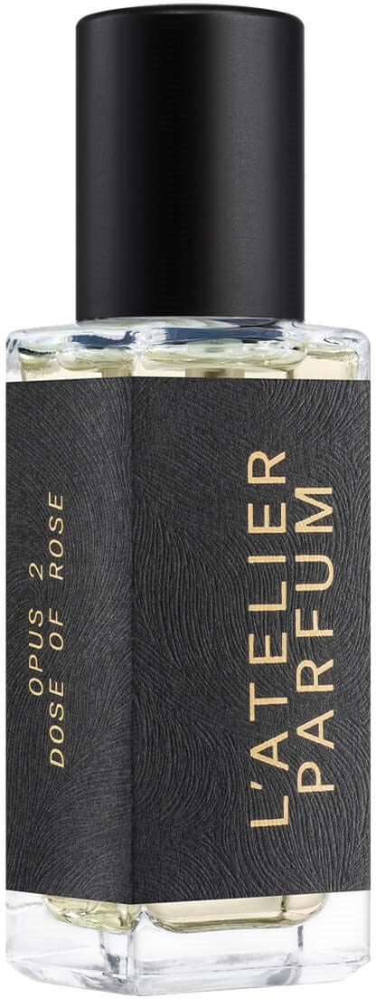 A perfume bottle with a black cap, labeled 'L'Atelier Parfum' and 'Dossier Rose'.