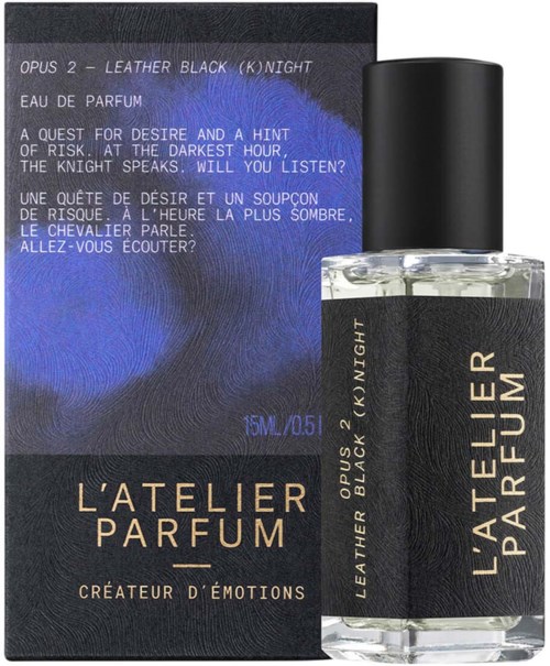 A perfume bottle and box for 'L'Atelier Parfum' with dark and blue design, describing a knight's desire at night.