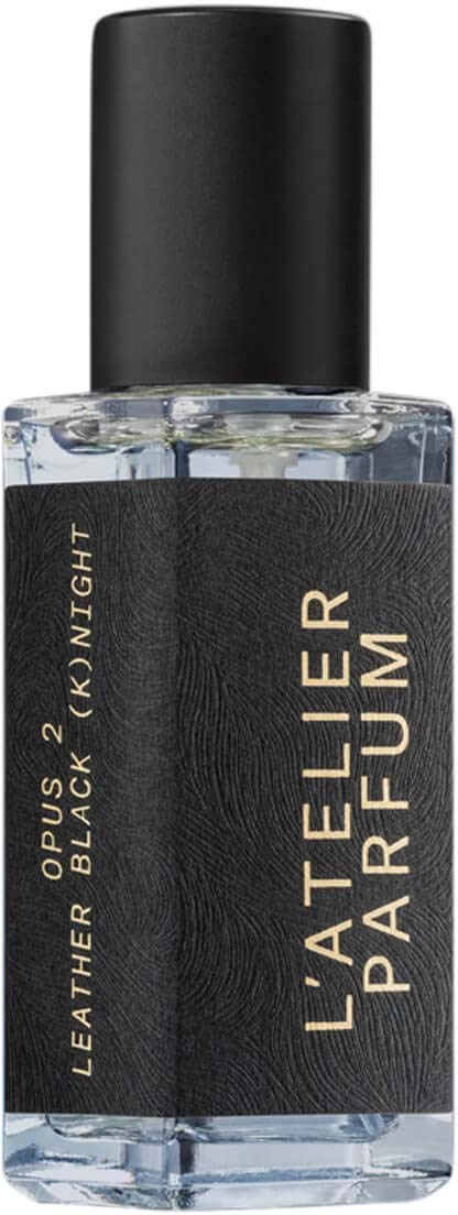 A small glass bottle with black cap and black label, labeled Leather Black, Opus 2, Leather Parfum.
