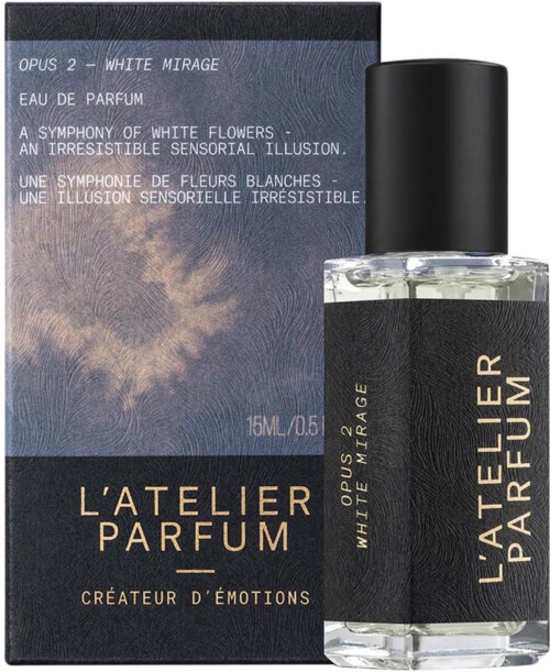 A perfume bottle and box with a dark theme, describing white flowers and a sensory illusion, 15ml size.