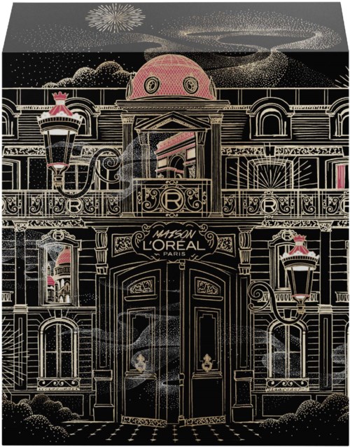 Een geïllustreerd gebouw met gedetailleerde ornamenten, roze accenten en een L'Oréal Paris-naam.