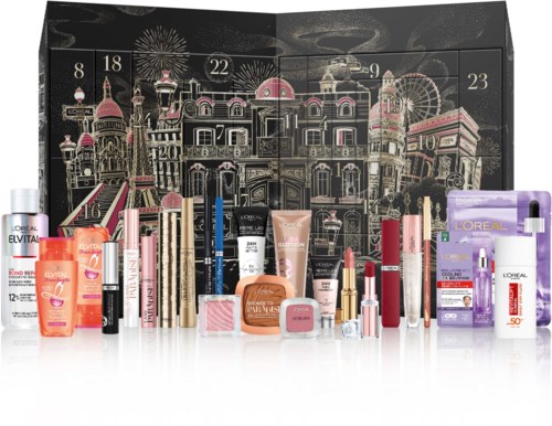 Een grote make-upcollectie met verschillende schoonheidsproducten, lippenstiften, huidverzorging en gereedschap, voor een decoratieve stadsaanzicht adventskalender.
