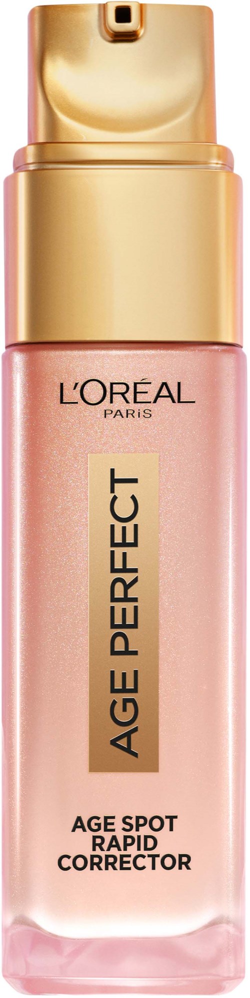 A pink bottle of L'Oreal Age Spot Rapid Corrector with a gold cap and pump. It is a skincare product.