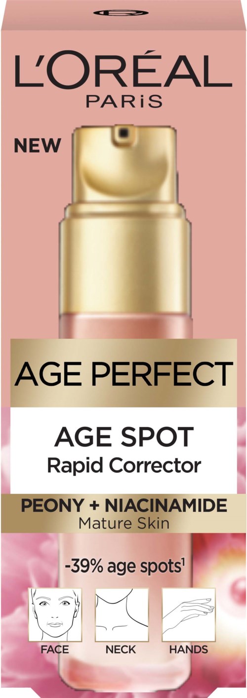 L'Oréal Age Perfect Age Spot treatment for face, neck, and hands, reducing age spots by 39%. Suitable for mature skin.