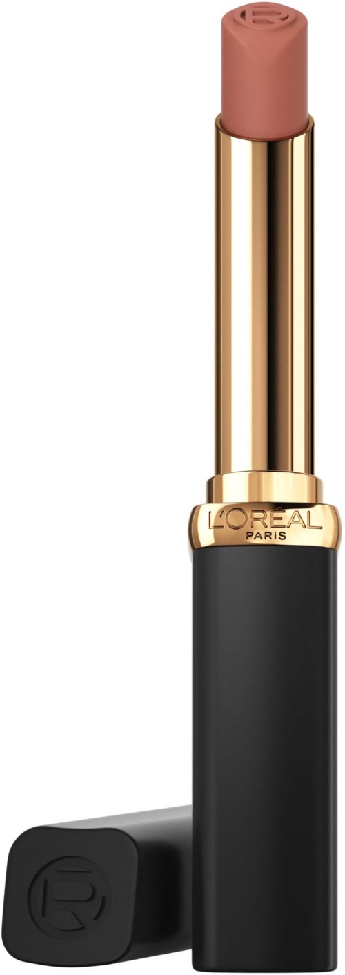 A lipstick with a nude color, gold and black packaging, and a black cap with a logo.