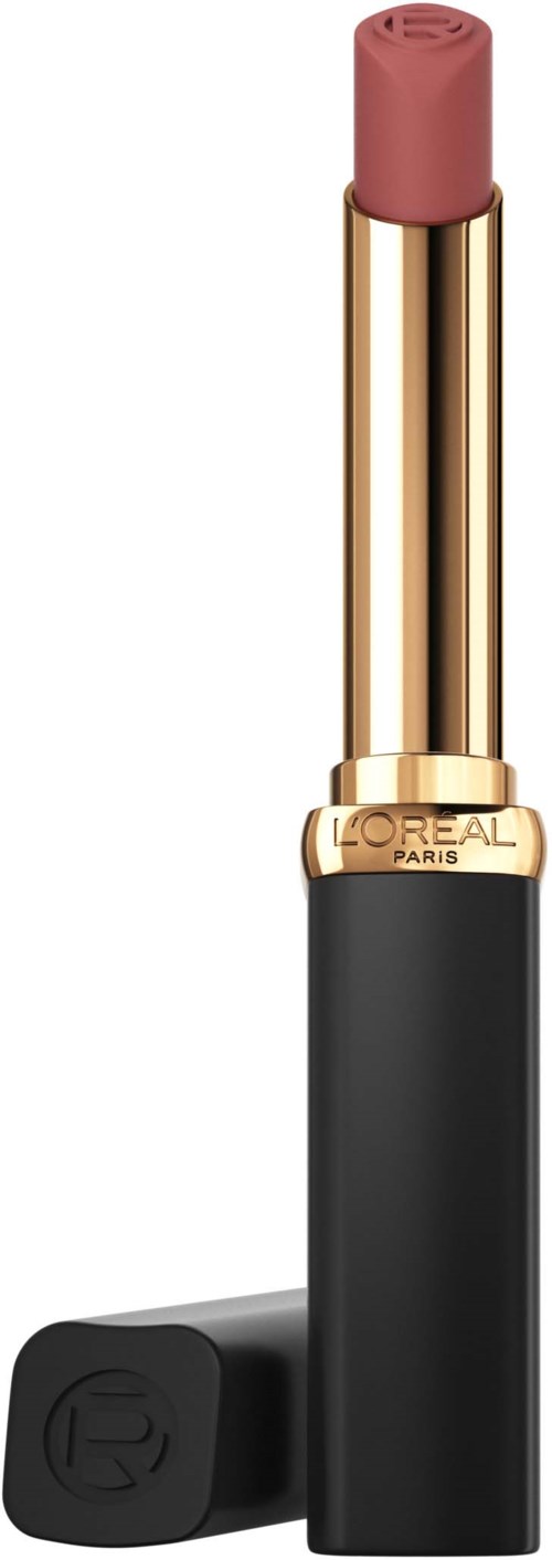 A lipstick in a black and gold case with a pink lipstick surface.