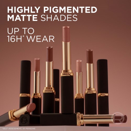Lipsticks in various shades displayed with text about long-lasting matte makeup. Brown background and gold accents.