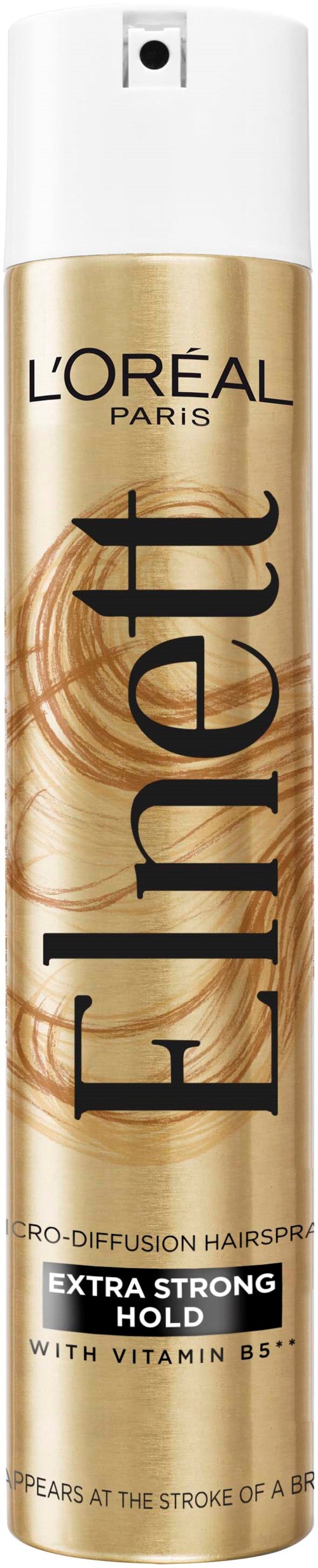 En guldfärgad och vit spraydosa med märket 'L'Oréal Paris' och 'Elnett'. Det är ett hårvlanspray.