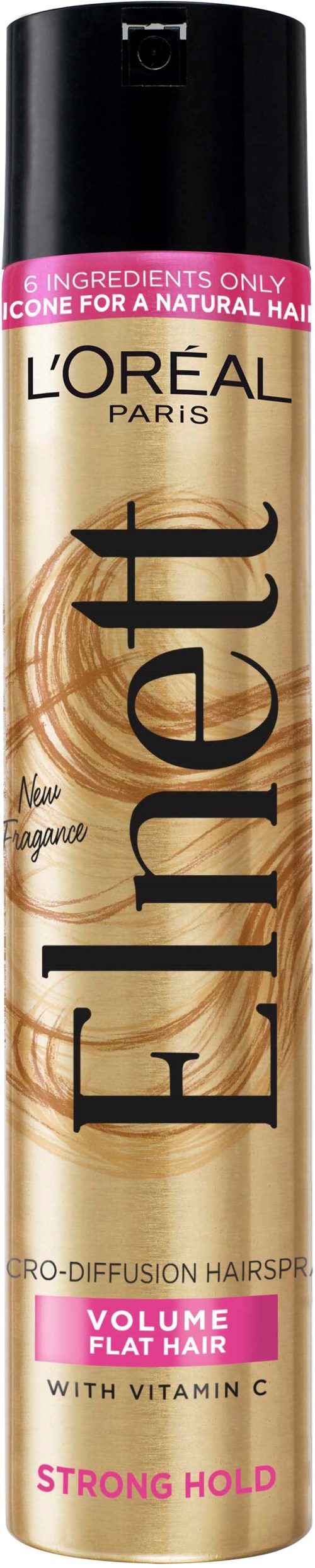 En burk L'Oréal Elnett hårspray med svart lock, rosa etikett och text om volym och stark hållbarhet.
