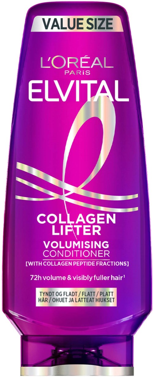 Eine lila Flasche von L'Oréal Paris Elvital Collagen Lifter Conditioner für voluminöses Haar.