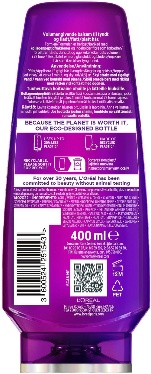 Lila Shampoo-Flasche mit Text und Symbolen, hebt Umweltfreundlichkeit und Recycling hervor, enthält 400 ml.
