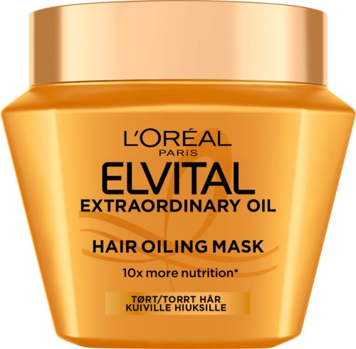 Een gele pot L'Oréal Elvital haarolie-masker, met zwarte tekst en gouden deksel.