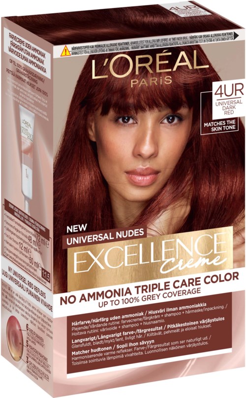 Förpackning med en kvinna som håller sitt hår, branding säger L'Oréal Excellence, nämner utan ammoniak, långvarig färg och matchar hudton.