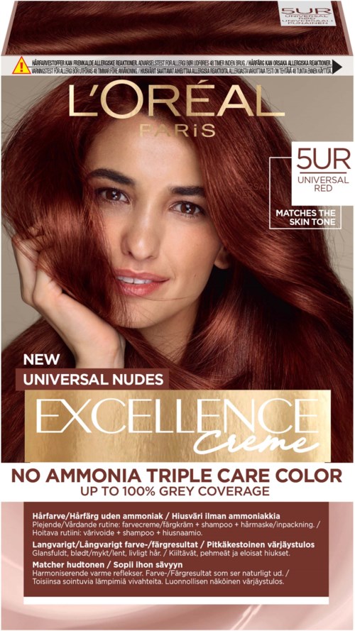 L'Oréal Excellence crème hårfärgspaket med en kvinna som visar glänsande, rödaktigt hår och produktinformation.