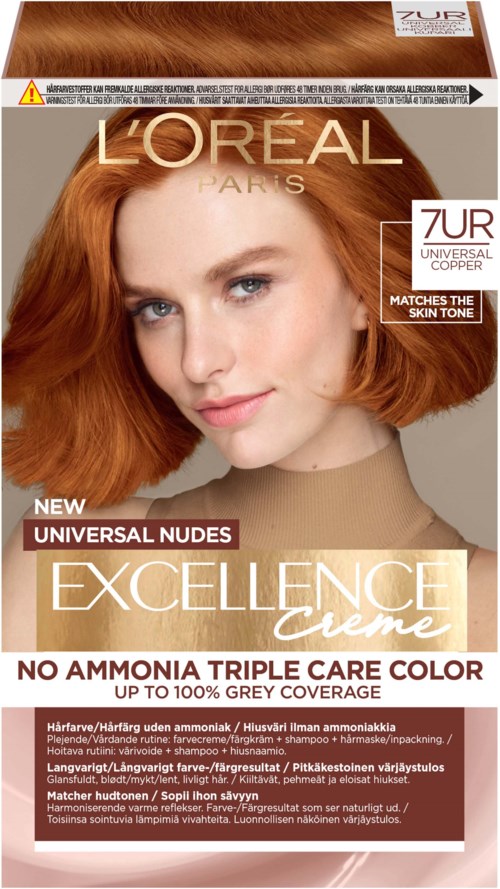 En låda med L'Oreal Paris-magifärg, mest orange med en kvinnas ansikte och produktdetaljer på framsidan.
