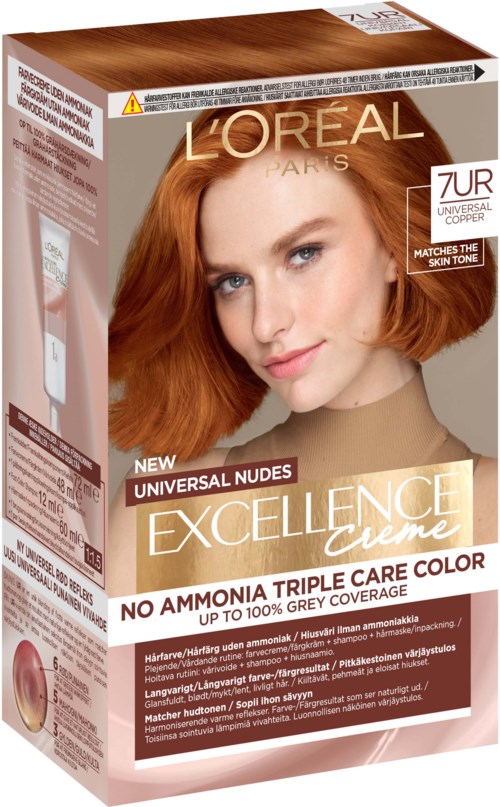 En förpackning av L'Oreal Excellence creme hårfärg, visar en kvinna med rödaktigt hår och produktdetaljer för grå täckning.