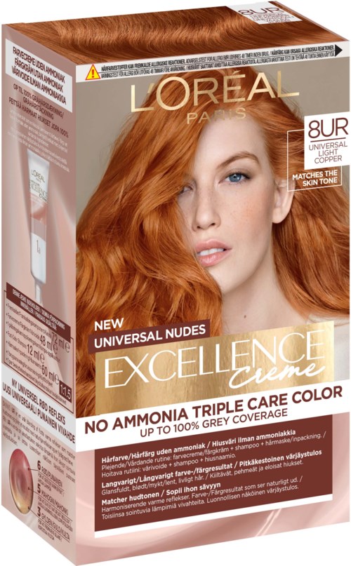 Rote-haired woman with wavy hair on packaging for hair dye, labeled 'Excellence Creme', with product details and instructions.