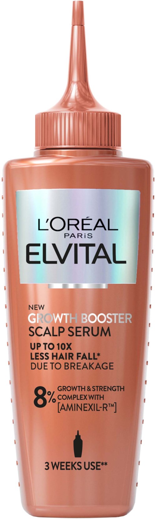 A bottle of L'Oréal Elvital scalp serum, pink color, with a long nozzle, claims to boost hair growth and reduce hair loss.