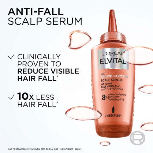 A bottle of L'Oréal Elvital scalp serum for hair fall reduction, with key benefits and usage instructions listed.