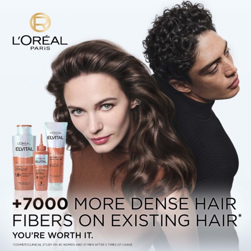 Two people with long hair, several L'Oréal Elvital hair products, and text about hair fiber benefits.