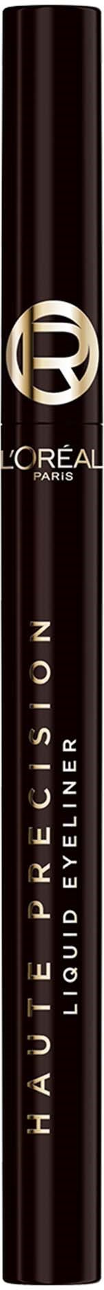 Ein dunkelbrauner Eyeliner-Stift mit goldener und weißer Schrift von L'Oréal, zentriert vertikal auf schwarzem Hintergrund.