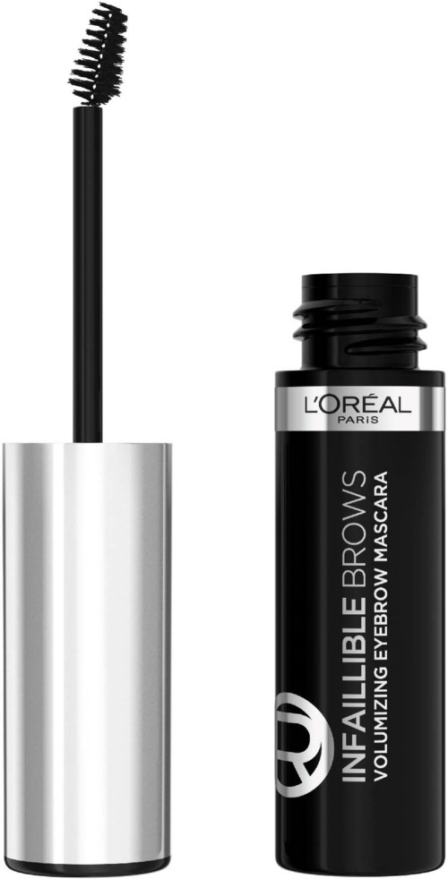Ein schwarzer Behälter mit Bürste, L'Oreal Paris und Beschriftung 'Infallible Brows Voluminous Eyebrow Mascara.'