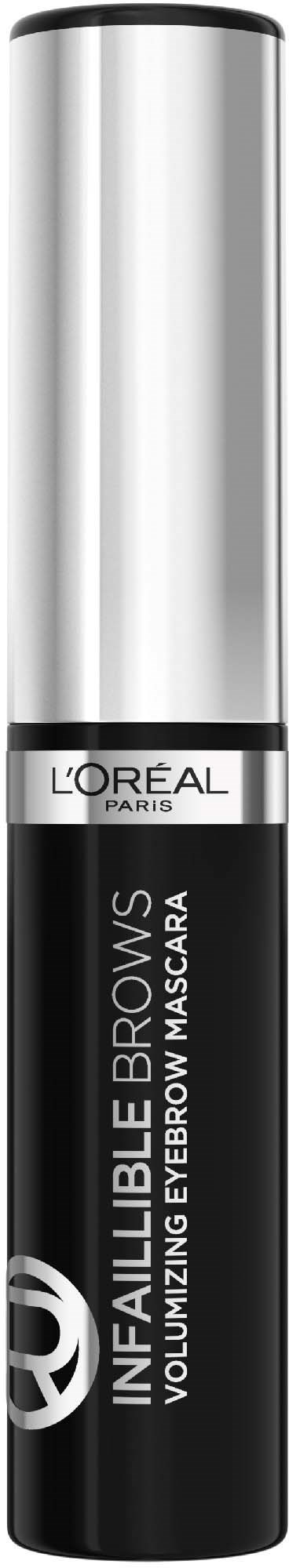 Ein schwarzer und silberner Mascara-Tubus mit L'Oréal-Branding und dem Namen 'Volumizing Eyebrow Mascara'.