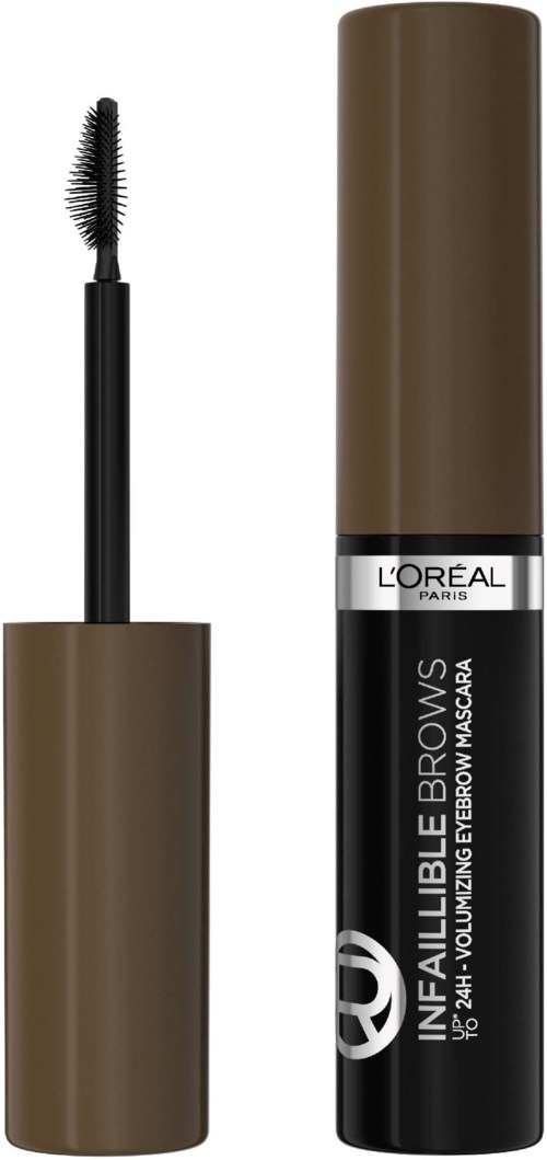 A mascara tube with a wand brush, labeled 'Infallible Brows' by L'Oréal, designed for eyebrow makeup.