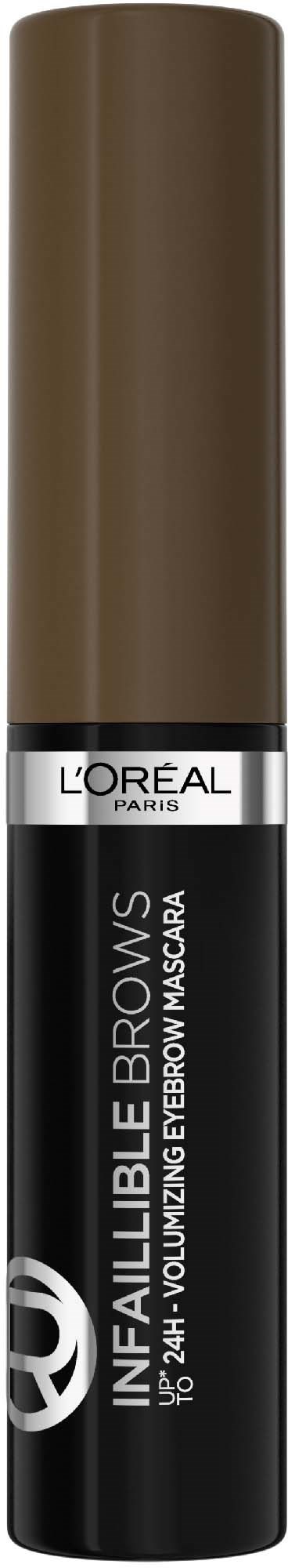 L'Oréal eyebrow mascara tube in black and brown colors, labeled 'L'Infaillible Brows' for eyebrow volume and shaping.