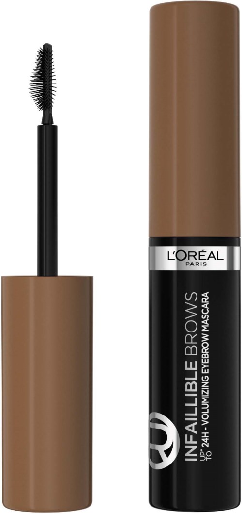 A brown and black tube of L'Oréal brow mascara with pink lettering. The mascara wand is shown outside the tube.