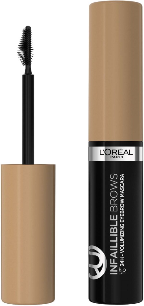 Een mascara-flacon met een beige dop en een zwarte body, met het merk Loreal en productnaam voor wenkbrauwmascara.