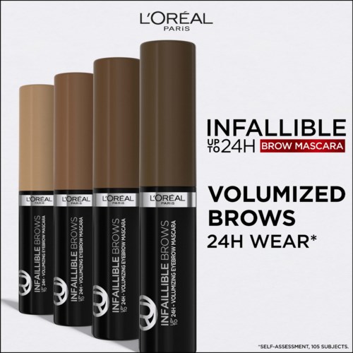 L'Oréal wenkbrauwmascara in verschillende tinten, met focus op langdurige, voluminous 24-uurs draagbaarheid.