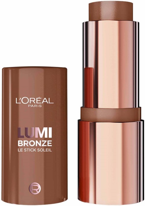 L'Oréal Lumi Bronze-stick met een bruine dop en glanzend, rozen-gouden lichaam. Het is een make-upproduct.