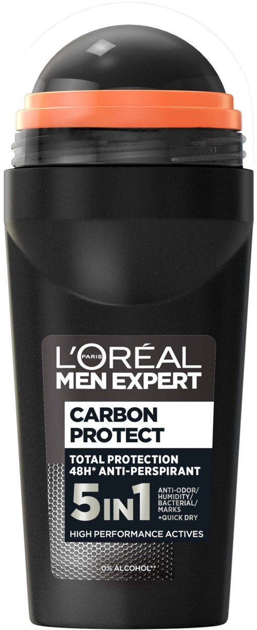 Ein schwarzer Roll-On-Deodorant mit schwarzem und orangefarbenem Deckel, beschriftet L'Oreal Men Expert Carbon Protect.