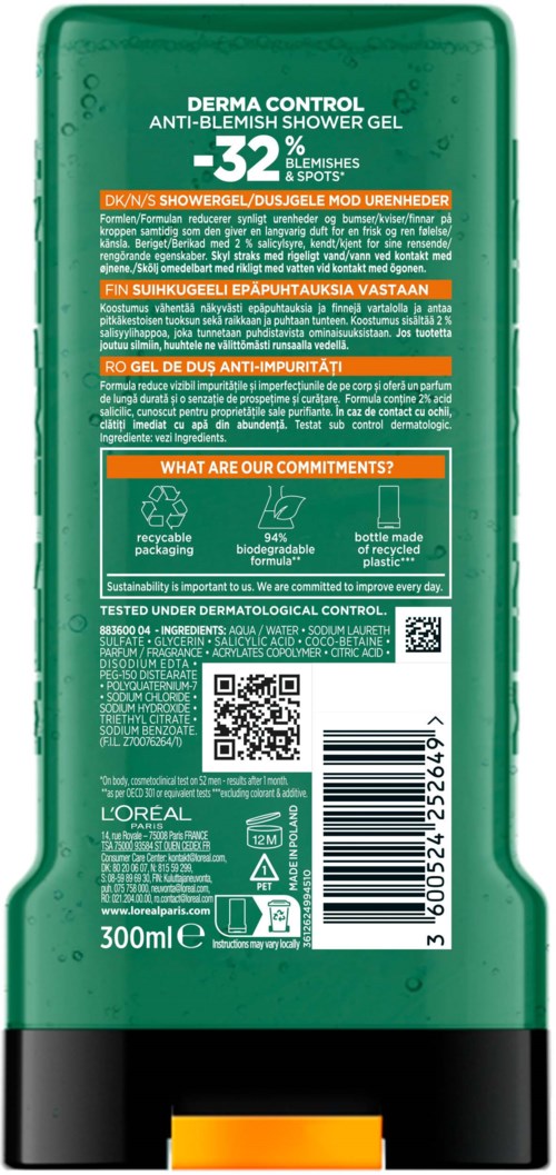 Een groen fleslabel met details over Derma Control douchegel, inclusief voordelen, gebruik en recycling info.