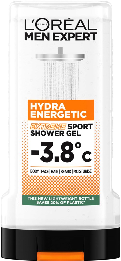 Een doorzichtige douchegel-fles met label "L'Oréal Men Expert Hydra Energetic" met oranje en witte kleur, -3,8°C.