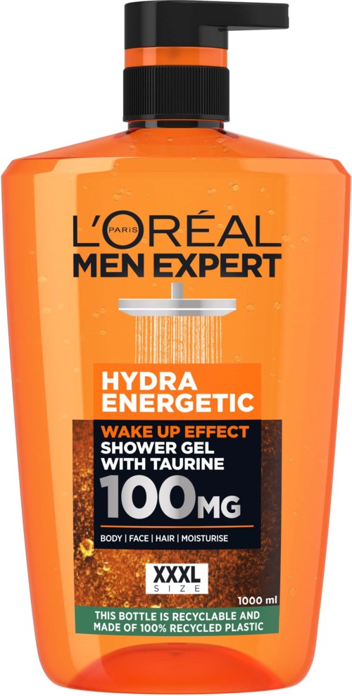 Orange shower gel bottle with black pump, labeled L'Oréal Men Expert Hydra Energetic with 100mg Taurine.