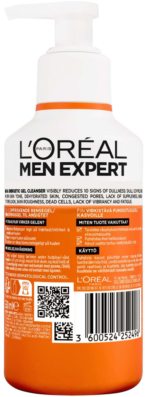L'Oréal Men Expert Reiniger-Flasche mit orange-weißer Beschriftung. Enthält Text und Barcode.