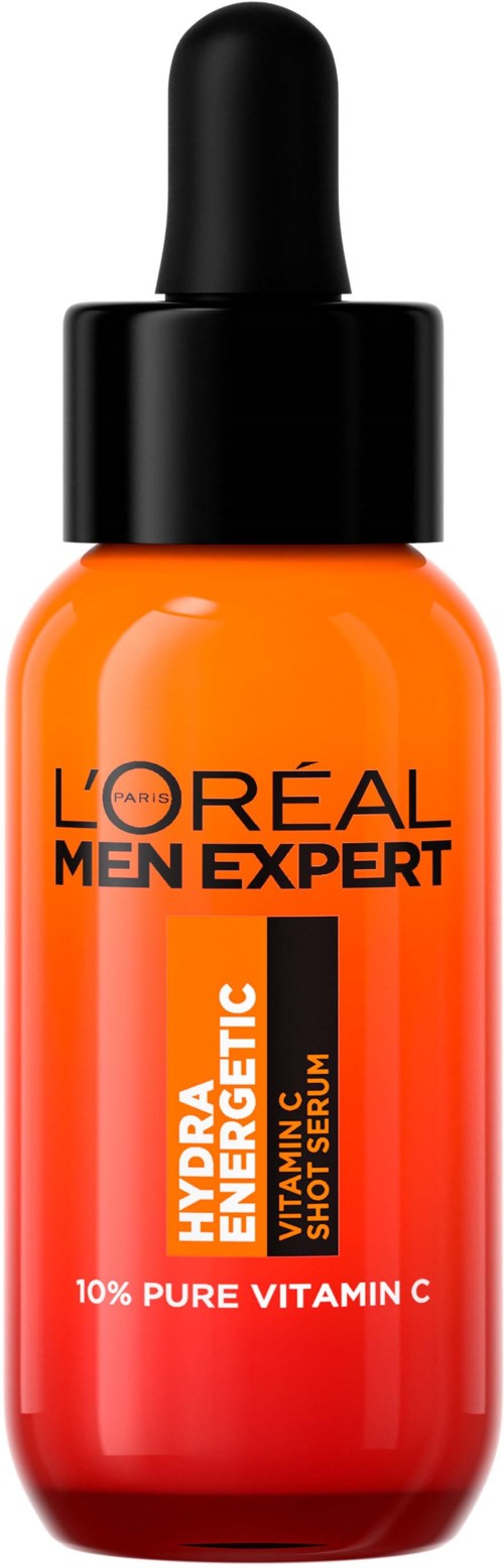 Oranje serum met zwarte druppelaar, gelabeld L'Oréal Men Expert, Vitamine C en hydratatie.