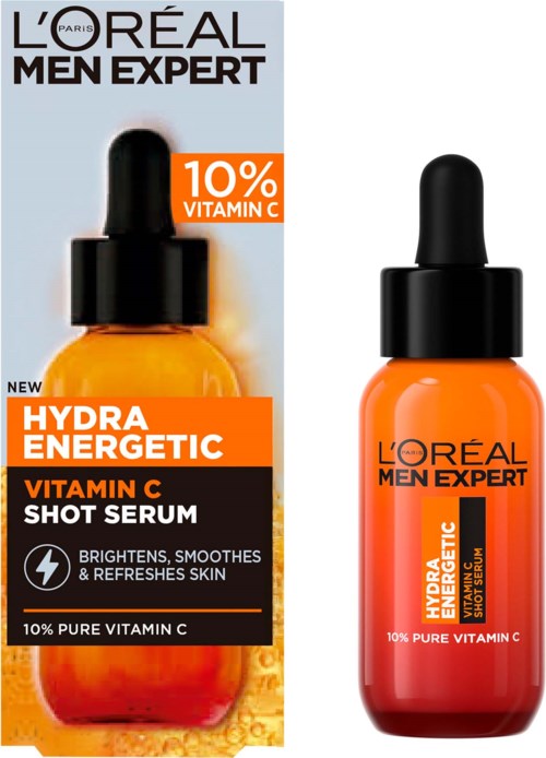 L'Oréal Men Expert Hydra Energetic Vitamin C Shot Serum fles en doos. Verlichtert en verfrist de huid met 10% puur vitamine C.