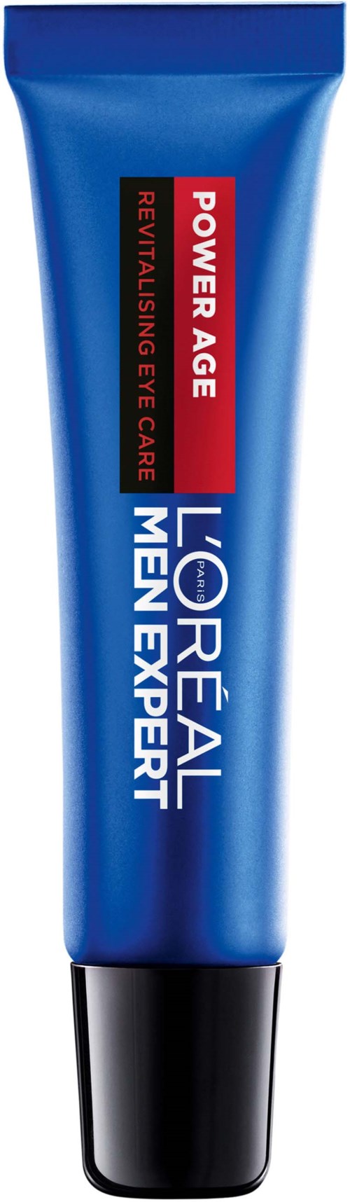 Blauwe tube van L'Oréal Men Expert Power Age oogcrème, met rode en witte tekst op de verpakking.