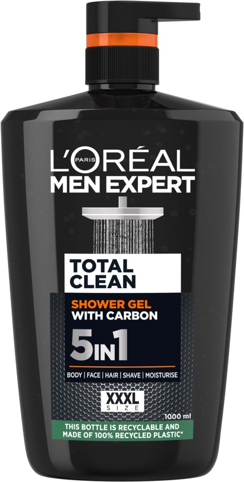 En svart flaska med pump märkt L'Oréal Men Expert Total Clean Shower Gel, 5 i 1 med kol, stor storlek, återvinningsbar.