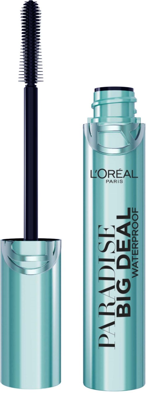A tube of waterproof mascara with a brush, labeled L'Oréal Paris. The label says 'Paris Paradise Big Deal Waterproof.'
