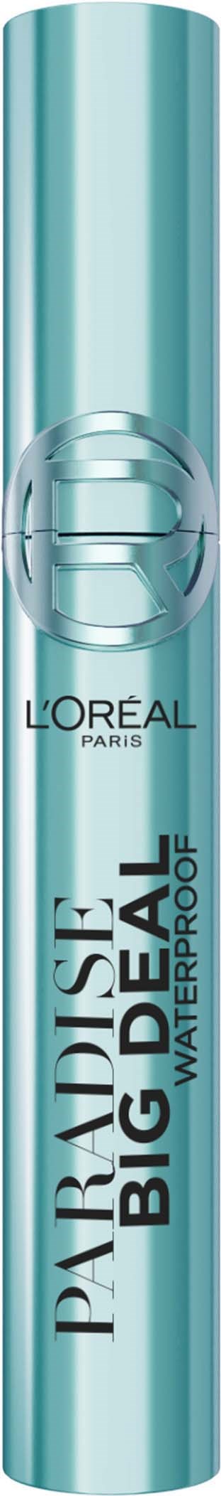 A tall, blue cylindrical deodorant spray with the words 'PARADISE BIG DEAL WATERPROOF' and the L'Oréal logo.