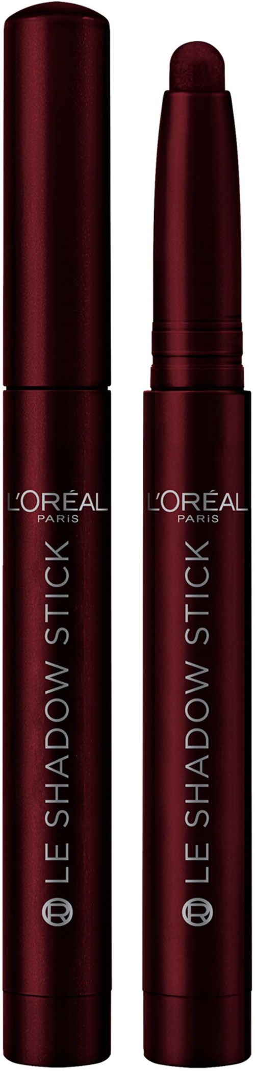 Two burgundy L'Oréal Paris shadow sticks, one with its cap on, the other open showing the stick.