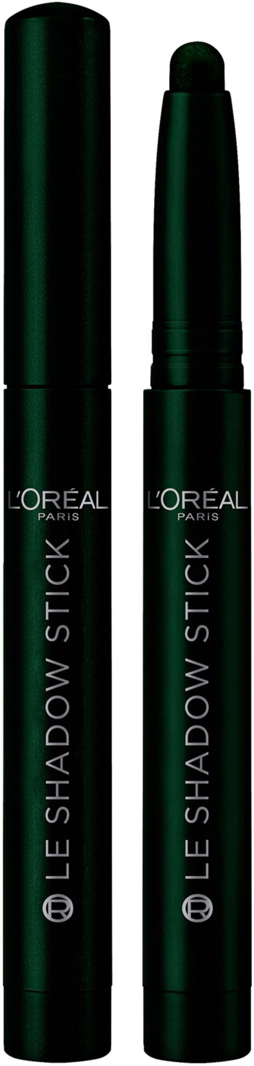 Zwei grüne L'Oreal-Lidschattenstifte, eines mit Schraubverschluss, das andere offen mit sichtbarer Spitze.