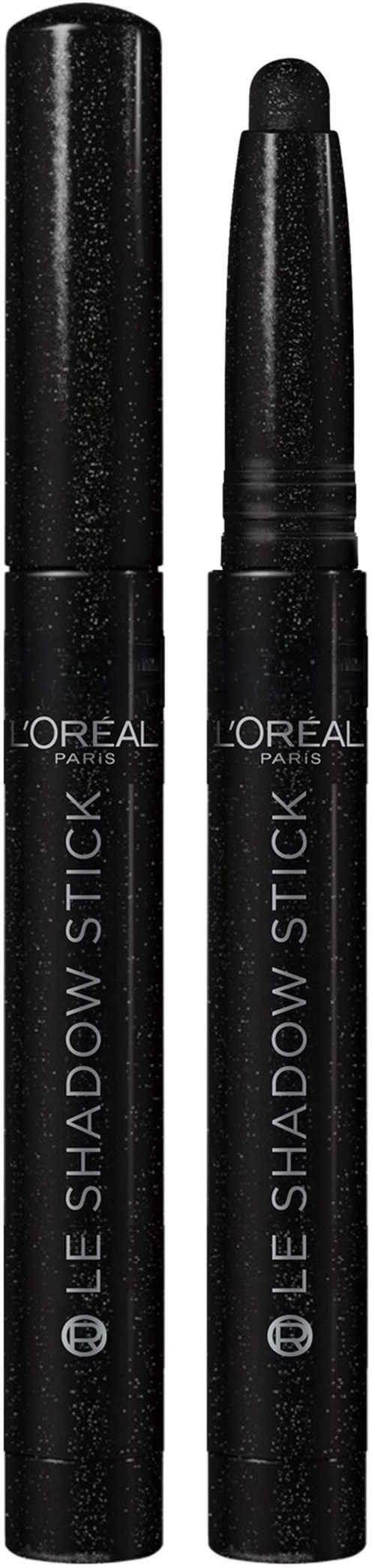 Zwei schwarze L'Oréal Lidschattenstifte mit Deckel, gekennzeichnet als "LES SHADOW STICK." Einer hat eine runde Spitze.