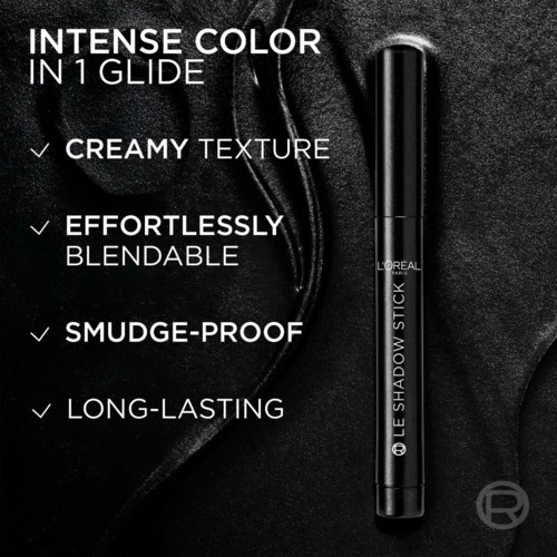 Dunkler Hintergrund mit Text, der Produkthighlights und eine schwarze Lippenstift in einer Tube zeigt.